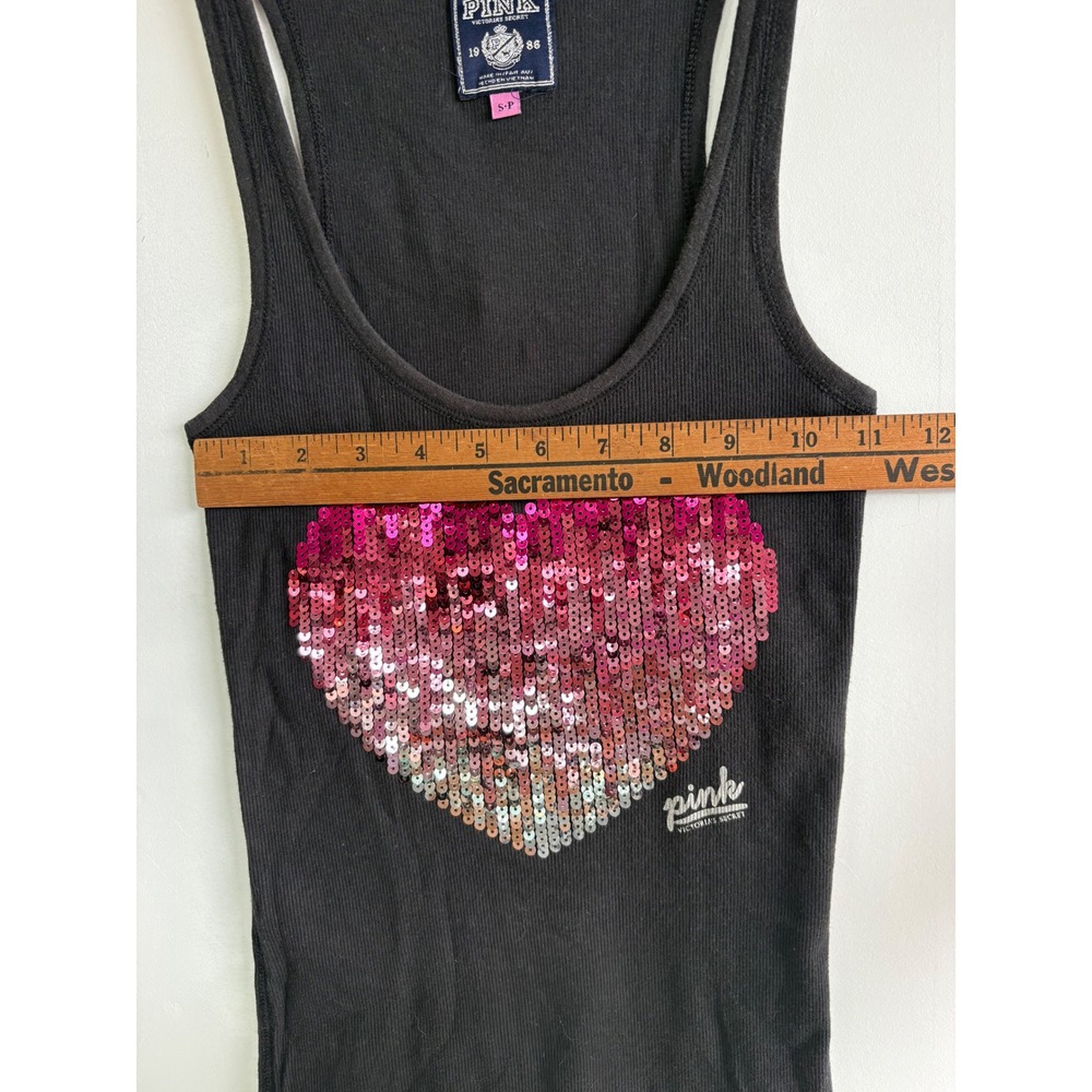 Victoria's Secret PINK Vintage Y2K Sequin Heart Racerback Tank Black Ribbed S - Picture 7 of 7